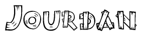 The image contains the name Jourdan written in a decorative, stylized font with a hand-drawn appearance. The lines are made up of what appears to be planks of wood, which are nailed together
