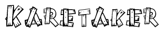 The image contains the name Karetaker written in a decorative, stylized font with a hand-drawn appearance. The lines are made up of what appears to be planks of wood, which are nailed together
