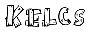 The clipart image shows the name Kelcs stylized to look as if it has been constructed out of wooden planks or logs. Each letter is designed to resemble pieces of wood.