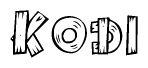 The image contains the name Kodi written in a decorative, stylized font with a hand-drawn appearance. The lines are made up of what appears to be planks of wood, which are nailed together