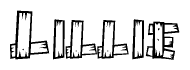 The image contains the name Lillie written in a decorative, stylized font with a hand-drawn appearance. The lines are made up of what appears to be planks of wood, which are nailed together