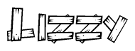 The image contains the name Lizzy written in a decorative, stylized font with a hand-drawn appearance. The lines are made up of what appears to be planks of wood, which are nailed together