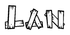 The image contains the name Lan written in a decorative, stylized font with a hand-drawn appearance. The lines are made up of what appears to be planks of wood, which are nailed together
