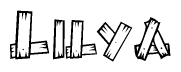 The image contains the name Lilya written in a decorative, stylized font with a hand-drawn appearance. The lines are made up of what appears to be planks of wood, which are nailed together