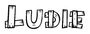 The clipart image shows the name Ludie stylized to look as if it has been constructed out of wooden planks or logs. Each letter is designed to resemble pieces of wood.