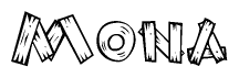 The clipart image shows the name Mona stylized to look as if it has been constructed out of wooden planks or logs. Each letter is designed to resemble pieces of wood.