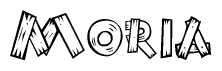 The clipart image shows the name Moria stylized to look as if it has been constructed out of wooden planks or logs. Each letter is designed to resemble pieces of wood.