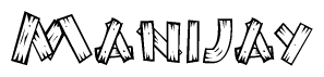 The image contains the name Manijay written in a decorative, stylized font with a hand-drawn appearance. The lines are made up of what appears to be planks of wood, which are nailed together