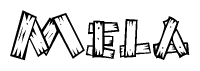 The clipart image shows the name Mela stylized to look as if it has been constructed out of wooden planks or logs. Each letter is designed to resemble pieces of wood.