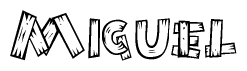 The image contains the name Miguel written in a decorative, stylized font with a hand-drawn appearance. The lines are made up of what appears to be planks of wood, which are nailed together