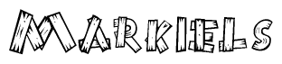 The clipart image shows the name Markiels stylized to look as if it has been constructed out of wooden planks or logs. Each letter is designed to resemble pieces of wood.