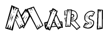 The image contains the name Marsi written in a decorative, stylized font with a hand-drawn appearance. The lines are made up of what appears to be planks of wood, which are nailed together