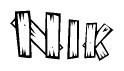 The image contains the name Nik written in a decorative, stylized font with a hand-drawn appearance. The lines are made up of what appears to be planks of wood, which are nailed together