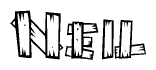 The image contains the name Neil written in a decorative, stylized font with a hand-drawn appearance. The lines are made up of what appears to be planks of wood, which are nailed together