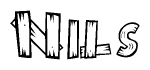 The clipart image shows the name Nils stylized to look like it is constructed out of separate wooden planks or boards, with each letter having wood grain and plank-like details.