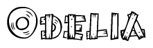 The image contains the name Odelia written in a decorative, stylized font with a hand-drawn appearance. The lines are made up of what appears to be planks of wood, which are nailed together