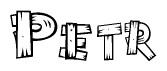 The clipart image shows the name Petr stylized to look as if it has been constructed out of wooden planks or logs. Each letter is designed to resemble pieces of wood.