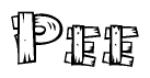 The clipart image shows the name Pee stylized to look like it is constructed out of separate wooden planks or boards, with each letter having wood grain and plank-like details.