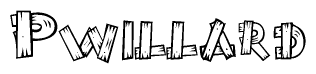 The clipart image shows the name Pwillard stylized to look like it is constructed out of separate wooden planks or boards, with each letter having wood grain and plank-like details.
