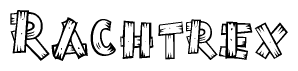 The clipart image shows the name Rachtrex stylized to look as if it has been constructed out of wooden planks or logs. Each letter is designed to resemble pieces of wood.