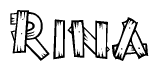 The image contains the name Rina written in a decorative, stylized font with a hand-drawn appearance. The lines are made up of what appears to be planks of wood, which are nailed together