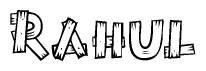 The image contains the name Rahul written in a decorative, stylized font with a hand-drawn appearance. The lines are made up of what appears to be planks of wood, which are nailed together