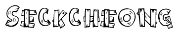 The image contains the name Seckcheong written in a decorative, stylized font with a hand-drawn appearance. The lines are made up of what appears to be planks of wood, which are nailed together
