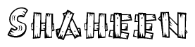 The image contains the name Shaheen written in a decorative, stylized font with a hand-drawn appearance. The lines are made up of what appears to be planks of wood, which are nailed together