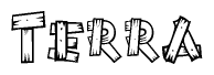 The image contains the name Terra written in a decorative, stylized font with a hand-drawn appearance. The lines are made up of what appears to be planks of wood, which are nailed together