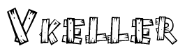 The image contains the name Vkeller written in a decorative, stylized font with a hand-drawn appearance. The lines are made up of what appears to be planks of wood, which are nailed together