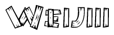 The image contains the name Weijiii written in a decorative, stylized font with a hand-drawn appearance. The lines are made up of what appears to be planks of wood, which are nailed together