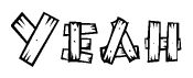 The image contains the name Yeah written in a decorative, stylized font with a hand-drawn appearance. The lines are made up of what appears to be planks of wood, which are nailed together