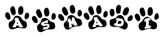 The image shows a row of animal paw prints, each containing a letter. The letters spell out the word Asmadi within the paw prints.