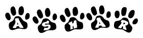 The image shows a series of animal paw prints arranged in a horizontal line. Each paw print contains a letter, and together they spell out the word Ashar.