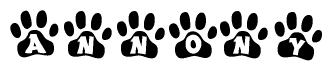 The image shows a series of animal paw prints arranged in a horizontal line. Each paw print contains a letter, and together they spell out the word Annony.