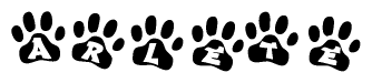 The image shows a series of animal paw prints arranged horizontally. Within each paw print, there's a letter; together they spell Arlete