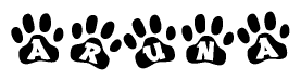 The image shows a series of animal paw prints arranged horizontally. Within each paw print, there's a letter; together they spell Aruna