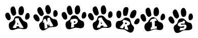 The image shows a row of animal paw prints, each containing a letter. The letters spell out the word Amparis within the paw prints.