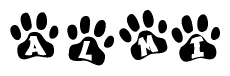 The image shows a series of animal paw prints arranged horizontally. Within each paw print, there's a letter; together they spell Almi