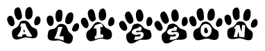 The image shows a row of animal paw prints, each containing a letter. The letters spell out the word Alisson within the paw prints.