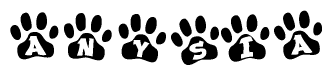 The image shows a series of animal paw prints arranged horizontally. Within each paw print, there's a letter; together they spell Anysia
