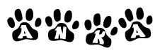 The image shows a row of animal paw prints, each containing a letter. The letters spell out the word Anka within the paw prints.