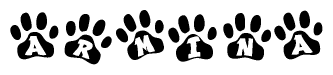 The image shows a row of animal paw prints, each containing a letter. The letters spell out the word Armina within the paw prints.
