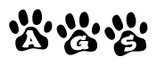 The image shows a row of animal paw prints, each containing a letter. The letters spell out the word Ags within the paw prints.
