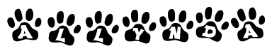 The image shows a series of animal paw prints arranged horizontally. Within each paw print, there's a letter; together they spell Allynda