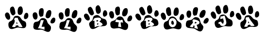 The image shows a row of animal paw prints, each containing a letter. The letters spell out the word Allbtborja within the paw prints.
