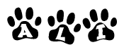 The image shows a row of animal paw prints, each containing a letter. The letters spell out the word Ali within the paw prints.