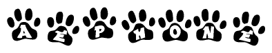 The image shows a series of animal paw prints arranged in a horizontal line. Each paw print contains a letter, and together they spell out the word Aephone.