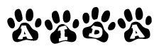 The image shows a series of animal paw prints arranged horizontally. Within each paw print, there's a letter; together they spell Aida