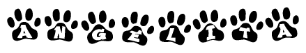 The image shows a row of animal paw prints, each containing a letter. The letters spell out the word Angelita within the paw prints.
